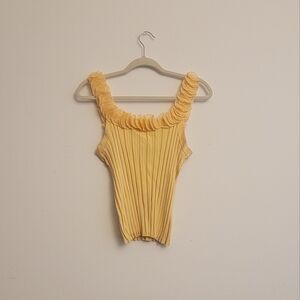 silk blend canary yellow ribbed tank with sequin floral embellishments